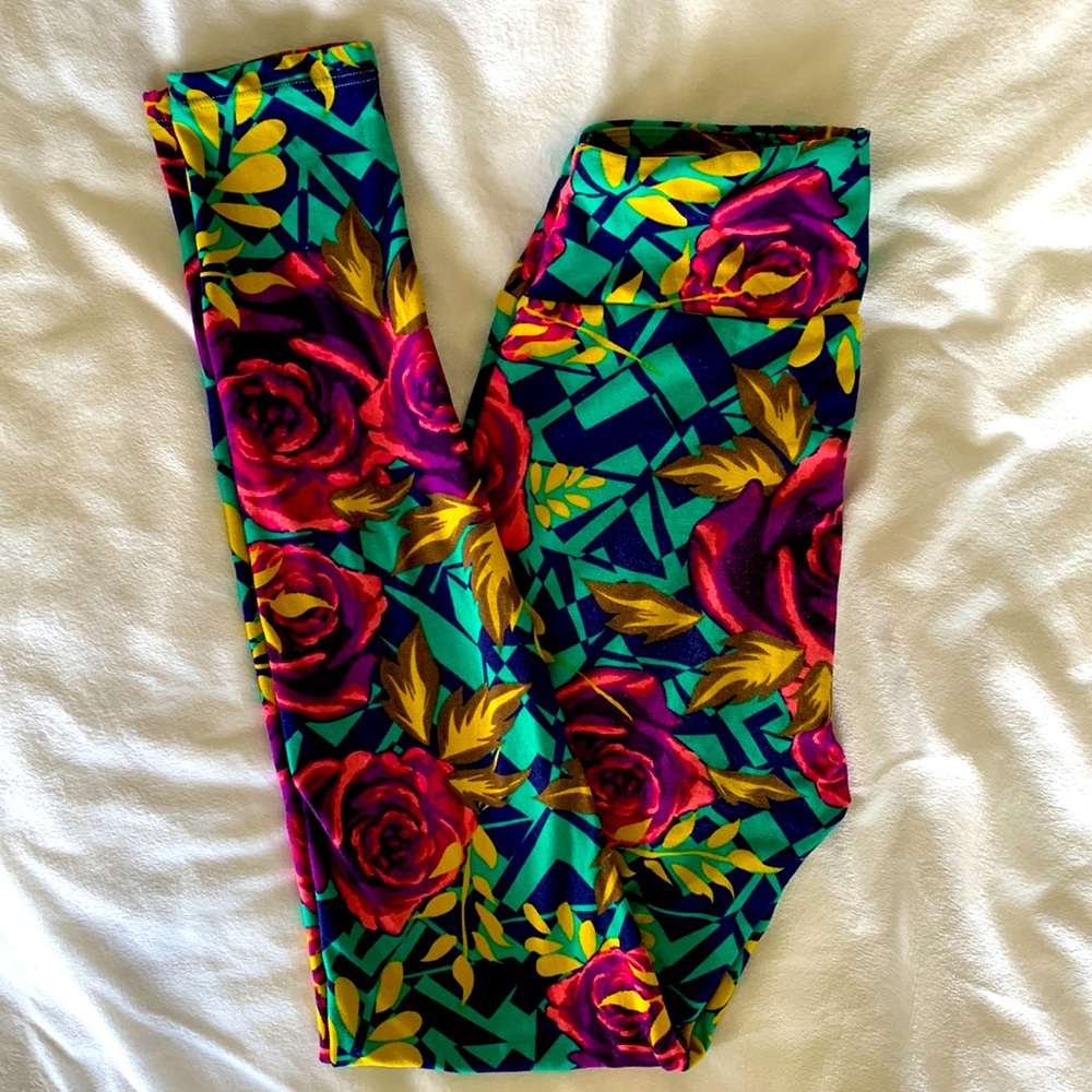 LuLaRoe OS leggings, blue/green geometric pattern with layered floral botanical